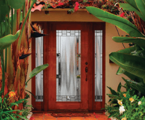 A1 Windows fiberglass wood-grain entry door replacement with decorative glass and sidelites.