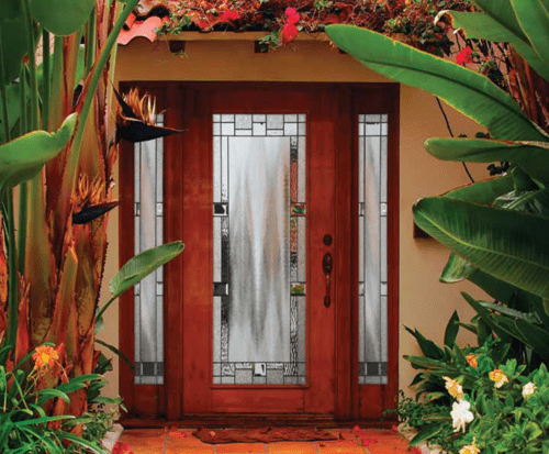 A1 Windows fiberglass entry door replacement. Wood-grain look with decorative glass and sidelites.